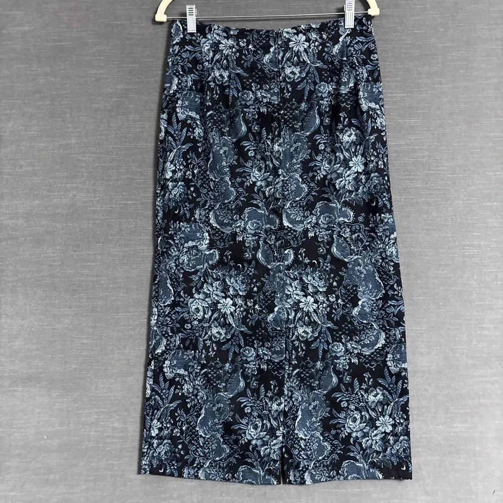 Vintage Briggs Skirt 10 Black Blue Floral Pencil Midi 90s Career‎ Fall Preppy